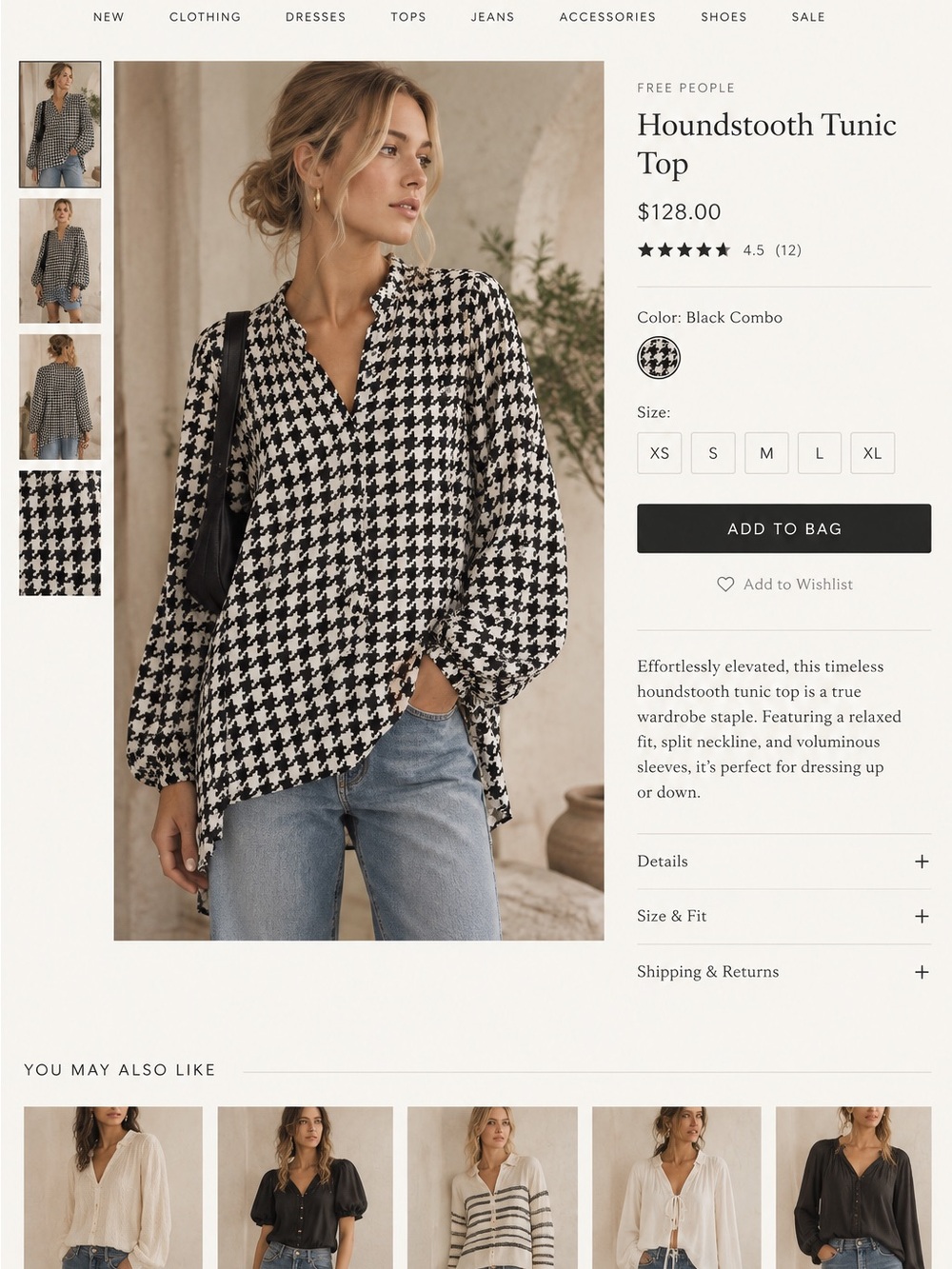 Free People Black & White Houndstooth Tunic